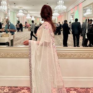 White saree with sequin and pink floral design